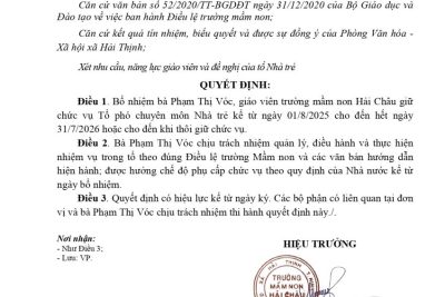 Quyết định về việc bổ nhiệm chức vụ Tổ phó chuyên môn Nhà trẻ năm học 2025-2026