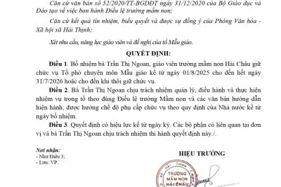 Quyết định về việc bổ nhiệm chức vụ Tổ phó chuyên môn Mẫu giáo năm học 2025-2026