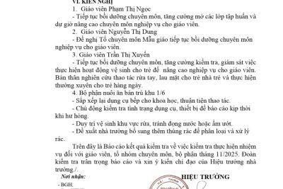 Thông báo kết quả kiểm tra việc thực hiện nhiệm vụ của giáo viên, tổ nhóm, ban/bộ phận tháng 11/2025